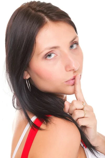 Woman keep quiet gesture finger on mouth isolated — Stock Photo, Image