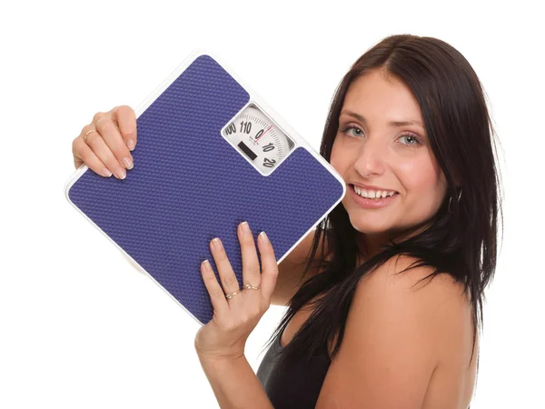 Weight loss woman on scale happy — Stock Photo, Image