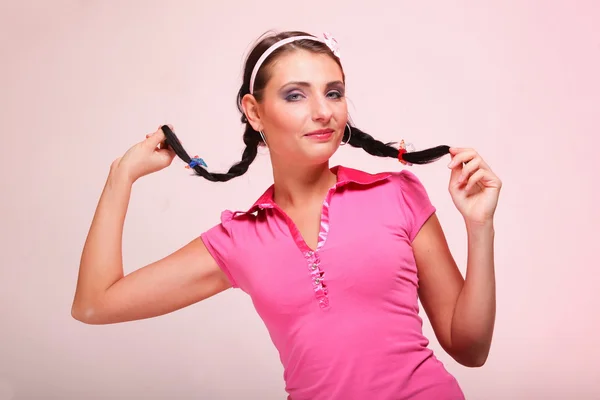 Foto de cabelo de mulher surpreso em pigtail — Fotografia de Stock