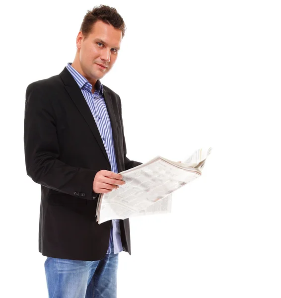 Empresario leyendo un periódico aislado — Foto de Stock