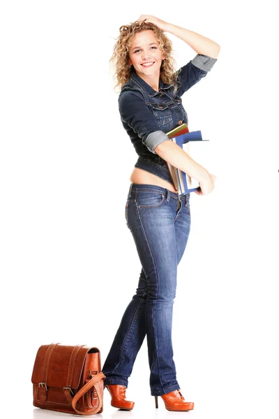Vacker ung kvinna blondin stående hela kroppen i jeans isolera — Stockfoto