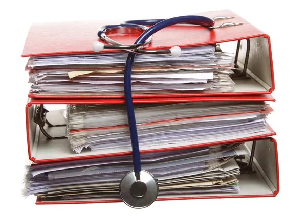 File folders with stethoscope isolated on white — Stock Photo, Image
