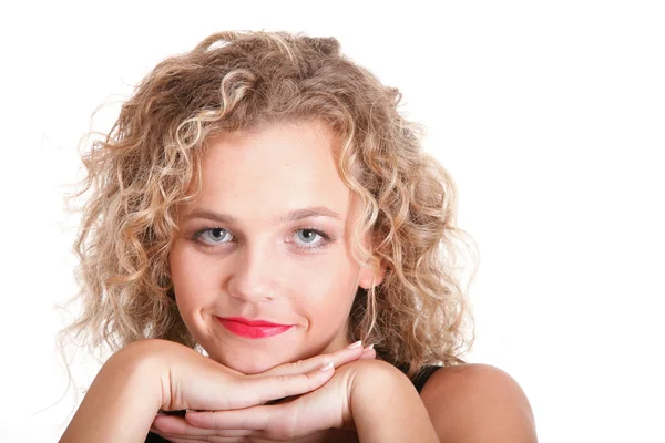 Beautiful long blond curly hair of young attractive woman — Stock Photo, Image