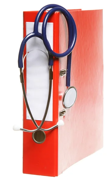 Blue stethoscope and red binder isolated on white — Stock Photo, Image