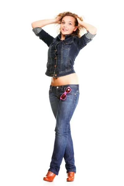 Beautiful young woman blonde standing full body in jeans isolate — Stock Photo, Image