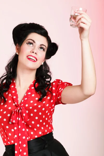 Young woman retro style drinking water — Stock Photo, Image