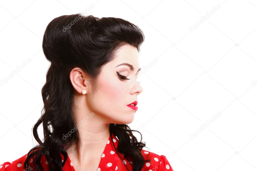 Profile Pin Up Girl Make Up And Vintage Hairstyle Stock Photo