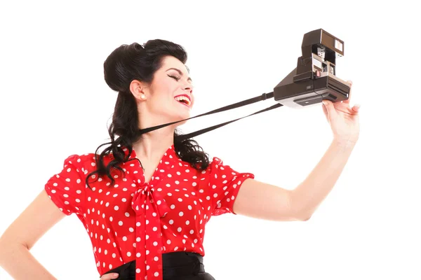 Excited retro girl with vintage camera — Stock Photo, Image