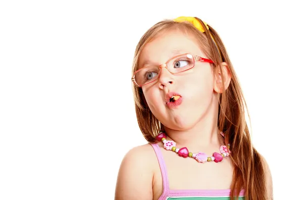 Sweet baby girl eating bread — Stock Photo, Image