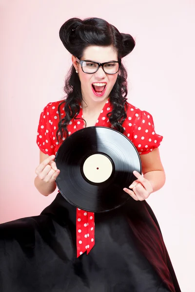 Phonography analogowy dziewczynka rekord retro szałowy — Zdjęcie stockowe
