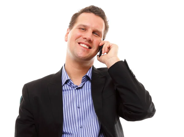 Homem confiante falando em seu celular e sorrindo — Fotografia de Stock