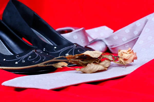 Zwarte vrouwelijke schoenen, rose en stropdas op rode achtergrond — Stockfoto