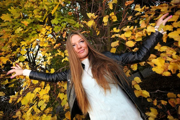 Vrouw meisje portret in herfst groen blad muur — Stockfoto