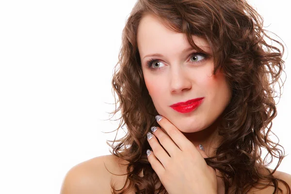 Mulher com beleza cabelo encaracolado marrom longo — Fotografia de Stock