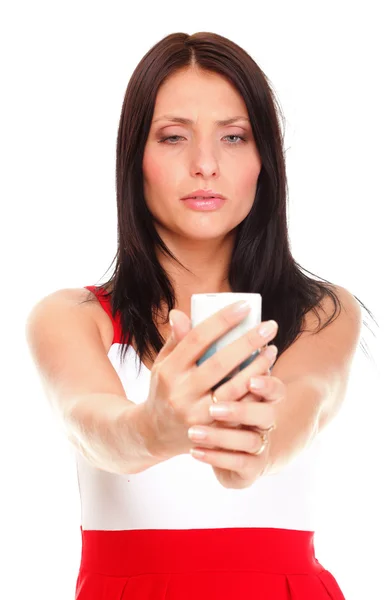 Mooie jonge vrouw met telefoon geïsoleerd — Stockfoto