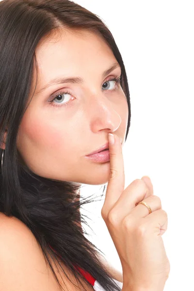 分離された口の中に女性を維持静かなジェスチャー指 — ストック写真