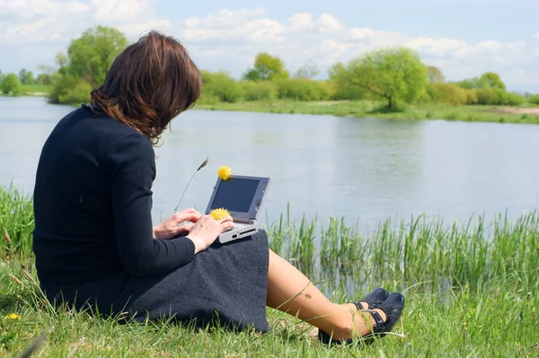 Mulher digitando em um laptop fora em um prado — Fotografia de Stock