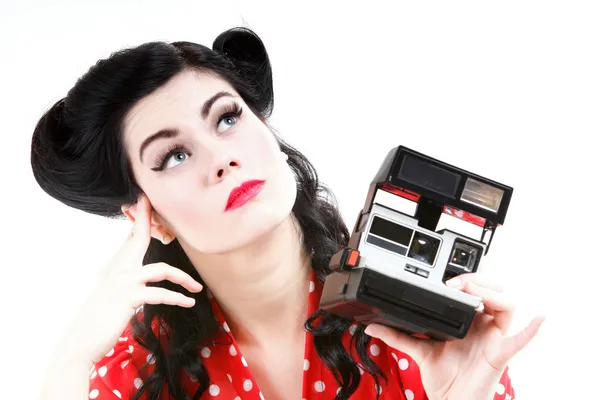 Pensive pretty retro girl with vintage camera — Stock Photo, Image