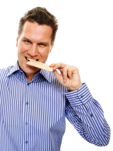 Křupavý chléb muže jíst zdravého životního stylu, která je izolovaná — Stock fotografie