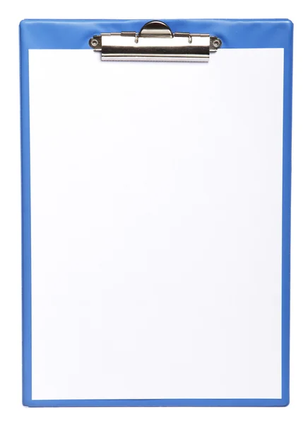 Clipboard azul com papel em branco isolado em branco — Fotografia de Stock