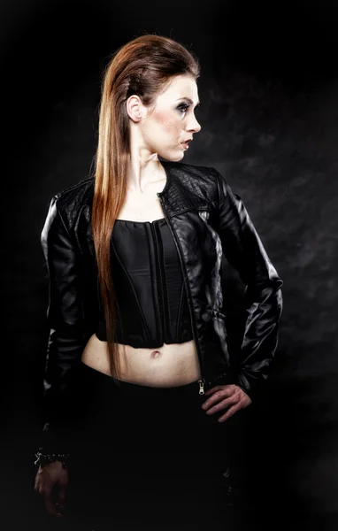 Beauty punk girl in leather, subculture — Stock Photo, Image