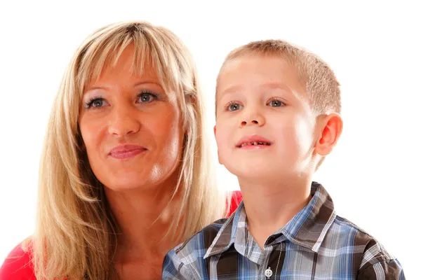 Mature mother with child 6 years boy isolated — Stock Photo, Image