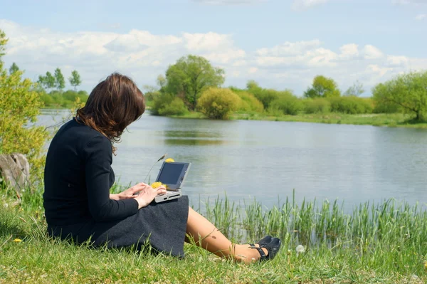 여자는 풀밭에서 밖에 서 노트북에 입력 — 스톡 사진