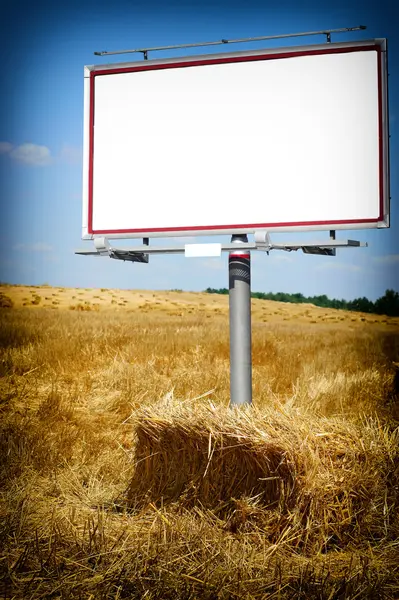 在小麦田中的空白白色广告牌 — 图库照片