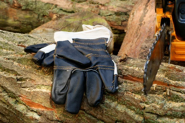 チェーン鋸 - 保護手袋 — ストック写真