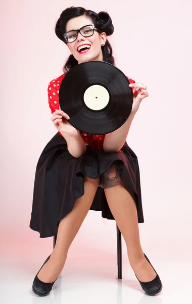Phonographie analoge Schallplatte Mädchen Pin-Up Retro — Stockfoto