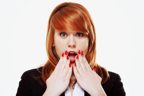 Imagen brillante de cara de mujer sorprendida sobre blanco — Foto de Stock