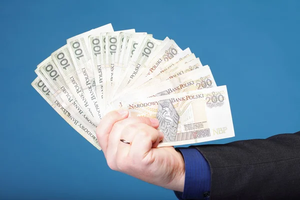 Businessman holding money polish banknote — Stock Photo, Image