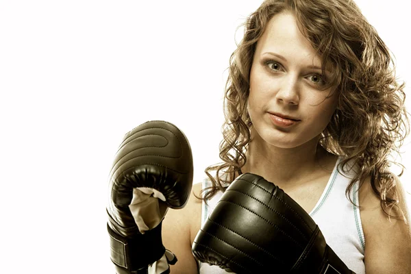 Fit woman boxing - isolated over white — Stock Photo, Image