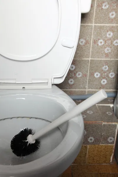 Cleaning a toilet bowl with brush — Stock Photo, Image