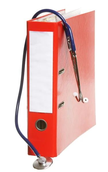 Blue stethoscope and red binder isolated on white — Stock Photo, Image