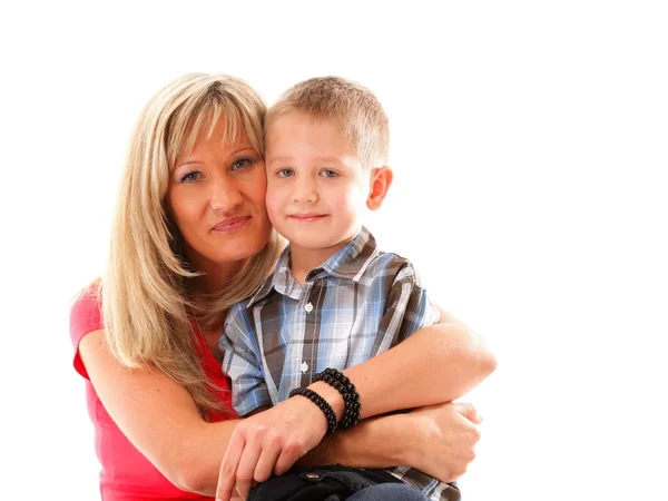 Mature mother with child 6 years boy isolated — Stock Photo, Image