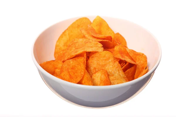 Potato chips in bowl. Isolated on white — Stock Photo, Image