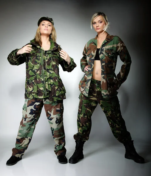 Two women in military clothes, army girls — Stock Photo, Image