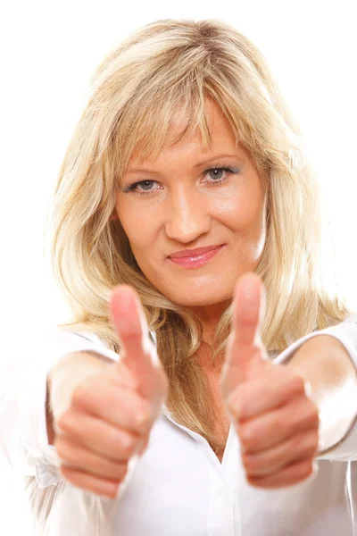 Happy woman thumbs up isolated — Stock Photo, Image