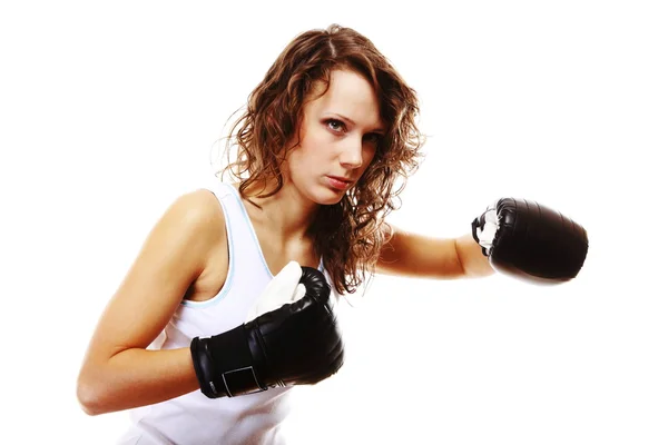 Donna in forma boxe isolato su bianco — Foto Stock