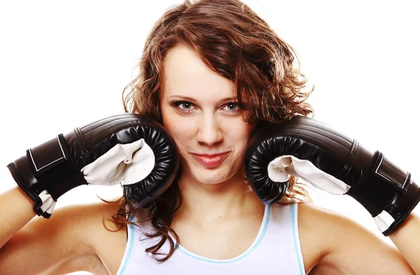 Donna in forma boxe isolato su bianco — Foto Stock