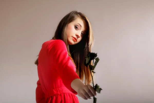 Meisje met gedroogde roos in handen — Stockfoto