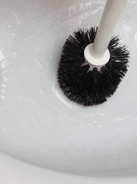 Limpeza de um vaso sanitário com escova — Fotografia de Stock