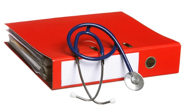 Blue stethoscope and red binder isolated on white — Stock Photo, Image