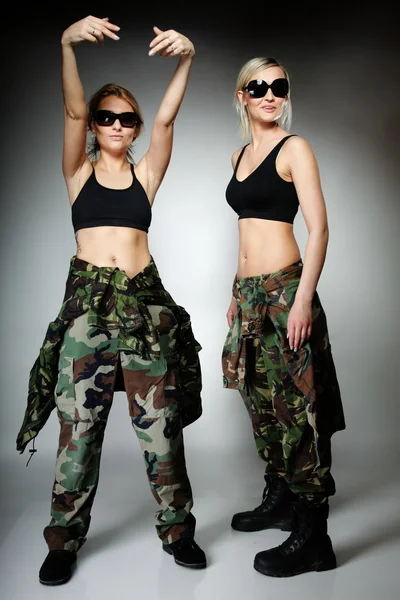 Two women in military clothes, army girls — Stock Photo, Image