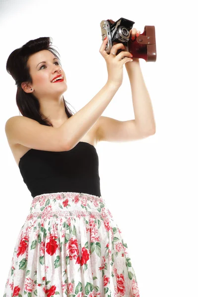 Pretty retro girl with vintage camera — Stock Photo, Image