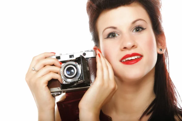 Pretty retro girl with vintage camera — Stock Photo, Image