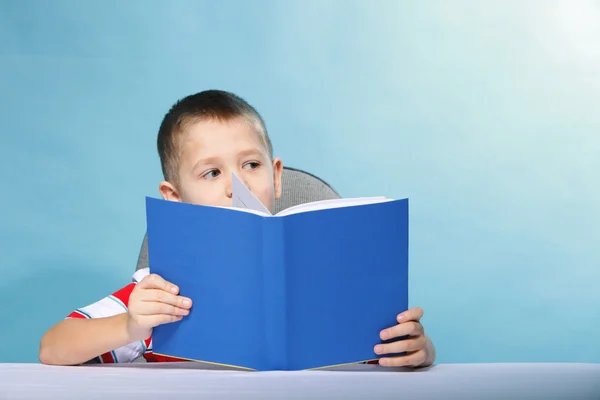 Junge Kind liest ein Buch über blau — Stockfoto