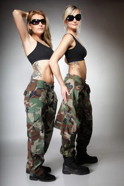 Two women in military clothes, army girls — Stock Photo, Image