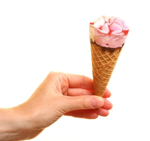 Berry icecream cone in hand on white — Stock Photo, Image